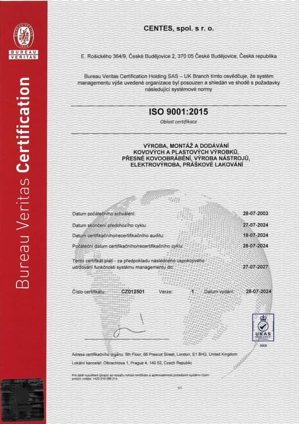 Certificate CZ 2024–2027 Bureau Veritas CENTES
